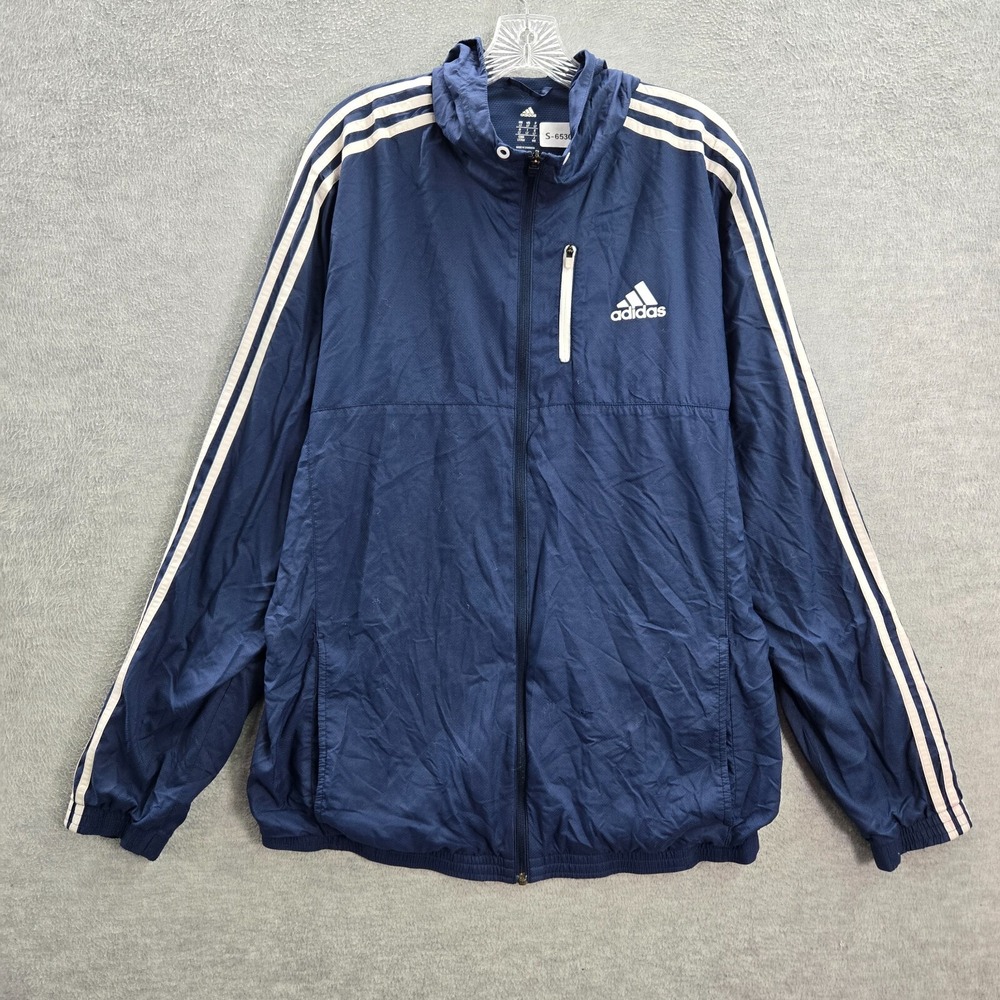 Adidas Men Jacket LT Blue Windbreaker Hooded Logo Pockets Full Zip READ